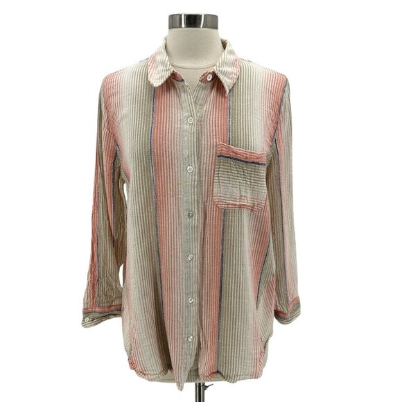 Liverpool Los Angeles Stripe Ivory Orange Blue Tan Button Shirt Top Womens Large - Picture 1 of 8